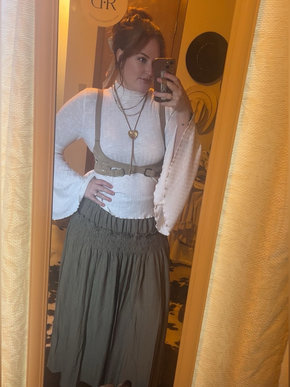 Women's Olive-Tan Crinkled Maxi Skirt